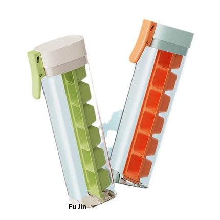 Ice Cube Maker Tray with Storage Box, One Hand Press Ice Cube Mold for Freezer and Drinks in Orange and Green