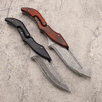 Damascus Steel Folding Pocket Knife, Wood Handle Everyday Carry Knife for Camping and Outdoor Tasks