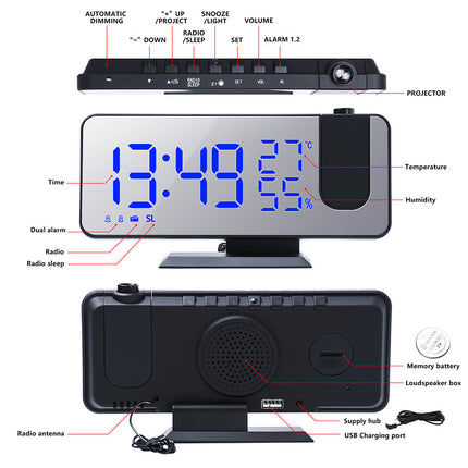Projection Alarm Clock with 180 Degree Ceiling Projector, Dual Alarm Digital Clock with FM Radio and USB Port