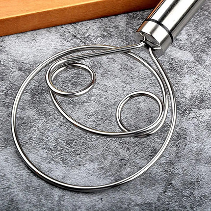 Danish Dough Whisk with Wood Handle, Stiff Looped Wire Bread Whisk for Thick Dough and Batter Mixing