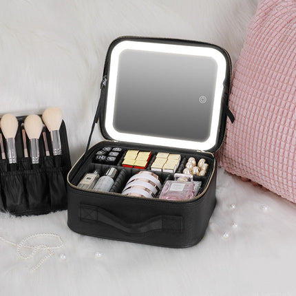 Makeup Organizer Travel Bag with Built In Light, 3 Cold, Natural and Warm Settings, Adjustable Dividers