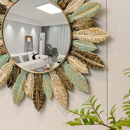 Bohemian Sunburst Metal Wall Mirror with Handcrafted Teal & Gold Leaves | Elegant Accent for Living Room or Bedroom