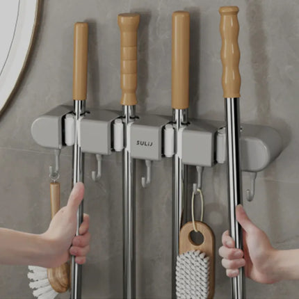 Wall-Mounted Mop Holder with Adjustable Slots | Space-Saving Solution for Organized Cleaning Tools