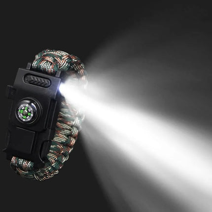 Tactical Survival Bracelet with Compass, LED Flashlight, Emergency Whistle and Flint Fire Starter, Camping Gear, 3 Colors