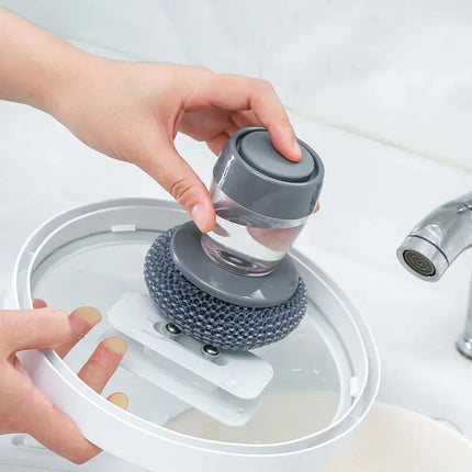 Soap Dispensing Dish Scrubber Set with Handle, Built-In Soap Reservoir, Heavy-Duty Scrub Pad for Pots, Pans and Plates