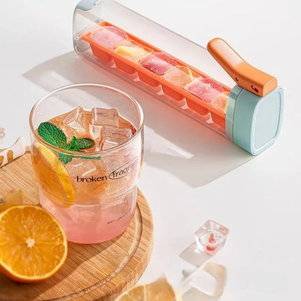 Ice Cube Maker Tray with Storage Box, One Hand Press Ice Cube Mold for Freezer and Drinks in Orange and Green