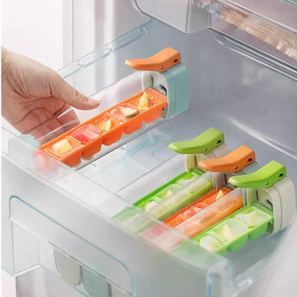 Ice Cube Maker Tray with Storage Box, One Hand Press Ice Cube Mold for Freezer and Drinks in Orange and Green