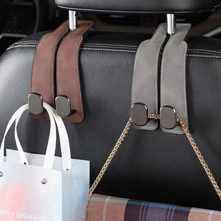 Car Headrest Hooks with Easy Hook-On Installation, Grocery Bag and Handbag Hangers in Brown, Black or Gray