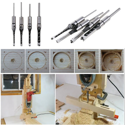 Square Hole Drill Bit Set, 4 Sizes 1/4 to 1/2 Inch Mortising Chisel Bits for Woodworking, Clean Cut Square Mortise Holes