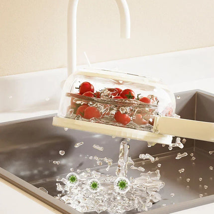 Vegetable Washing Bowl with Strainer Basket and Airtight Lid, Fruit Colander and Pasta Drainer for Fridge Storage, White and Brown