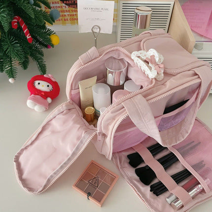 Travel Makeup Organizer Bag with Divided Compartments, Lay Flat Opening and Padded Soft Lining, Beige or Pink