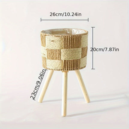 Bohemian Bamboo Flower Stand with Handwoven Checkered Design | Stylish Planter for Indoor or Outdoor Spaces