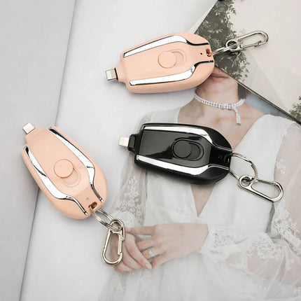 Keychain Power Bank 1500mAh, Mini Portable Phone Charger with Built In USB C or Lightning Connector, Black and Pink