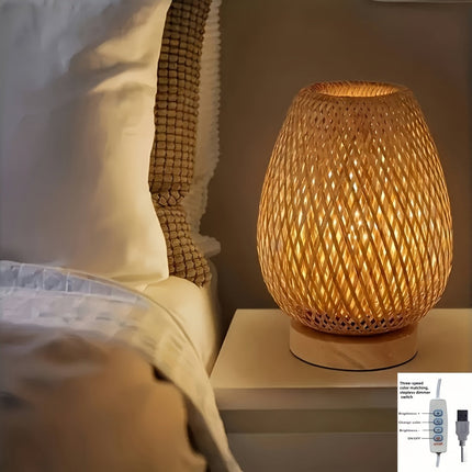 Handwoven Bamboo Bedside Lamp with Three-Color Dimming | USB Powered Lighting for Cozy Ambiance
