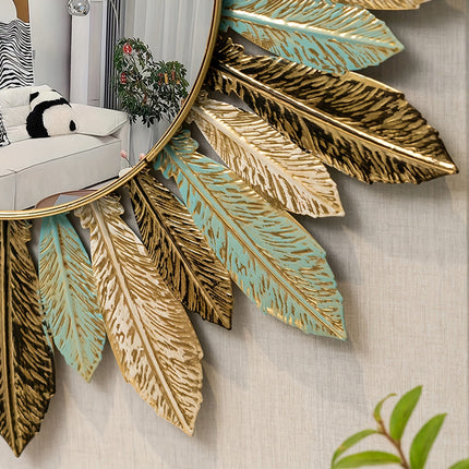 Bohemian Sunburst Metal Wall Mirror with Handcrafted Teal & Gold Leaves | Elegant Accent for Living Room or Bedroom