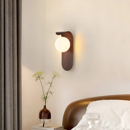Scandinavian LED Wall Lamp with Wooden Body & Frosted Glass Globe | Warm Ambient Light for Living Room and Bedroom