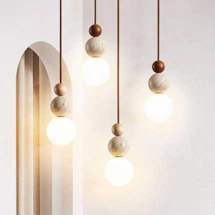 Modern Pendant Light with Travertine & Wood | Sculptural Design for Ambient Home Lighting