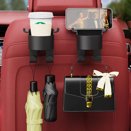 Car Backseat Organizer 3-in-1 with Cup Holder, Phone Mount and Bag Hook, Headrest Storage for Road Trips