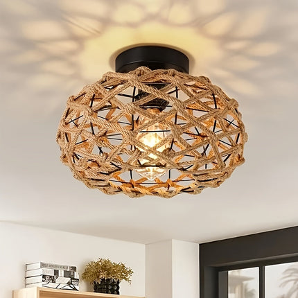 Bohemian Hemp Rope Ceiling Light with Handwoven Design | Rustic Flush Mount for Warm Ambient Glow