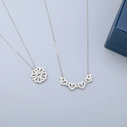 Clover Necklace, Convertible 4 Heart Pendant Worn 2 Ways as a Row of Hearts or a Clover Charm, Gift for Her