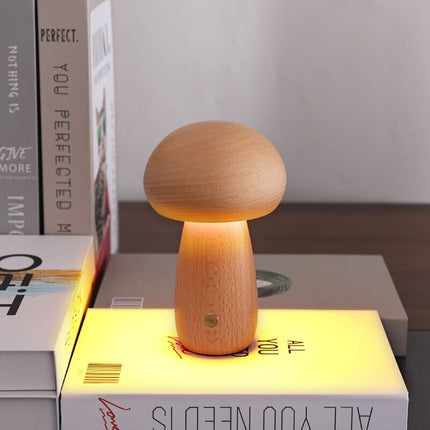 Scandinavian Portobello Mushroom Lamp with Adjustable Soft Light | Rechargeable Natural Wood Night Light for Home Serenity