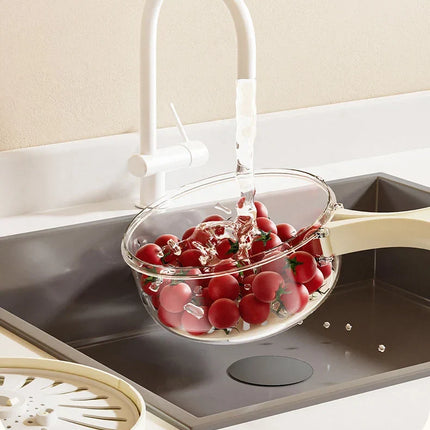 Vegetable Washing Bowl with Strainer Basket and Airtight Lid, Fruit Colander and Pasta Drainer for Fridge Storage, White and Brown