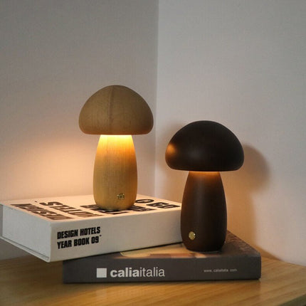 Scandinavian Portobello Mushroom Lamp with Adjustable Soft Light | Rechargeable Natural Wood Night Light for Home Serenity
