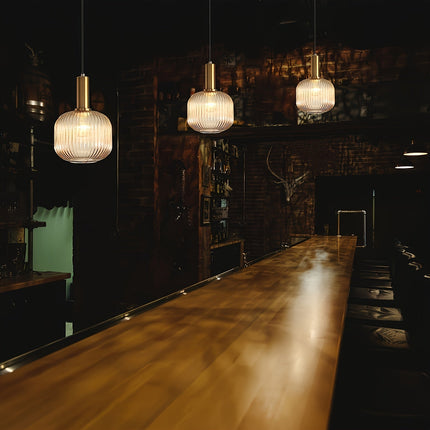 Ribbed Glass Pendant Light with Polished Brass Finish | Modern Fixture for Dining Rooms and Kitchens