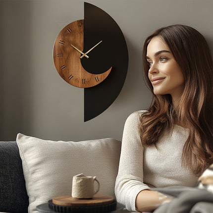 Modern Half-Moon Wooden Wall Clock with Silent Quartz Movement | Artistic Home Decor for Contemporary Spaces