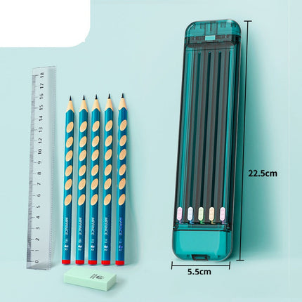 Pencil Box with 5 Pencils, Eraser and Ruler, Plastic Case with Adjustable Compartments in 3 Colors for Students and Artists
