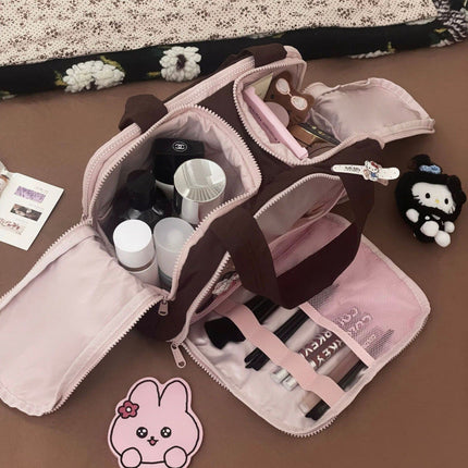 Travel Makeup Organizer Bag with Divided Compartments, Lay Flat Opening and Padded Soft Lining, Beige or Pink