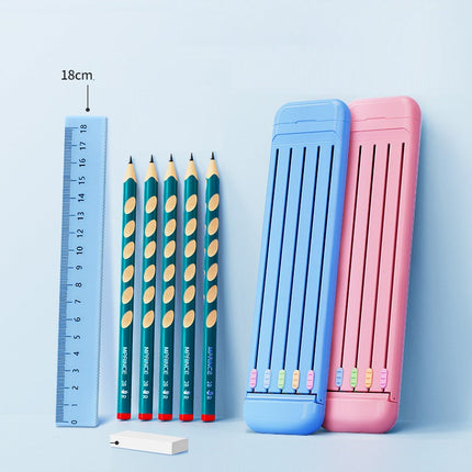 Pencil Box with 5 Pencils, Eraser and Ruler, Plastic Case with Adjustable Compartments in 3 Colors for Students and Artists