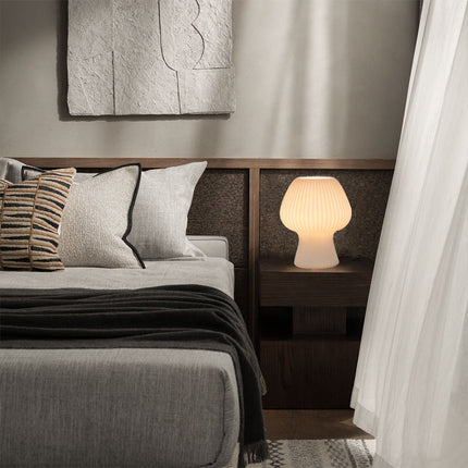 Vintage Glass Table Lamp with Dimmable Warm Light | Ribbed Mushroom Design for Cozy Bedrooms and Living Spaces