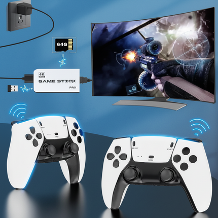 4K Retro Gaming Console Stick with Dual Wireless Controllers | Compact Plug-and-Play for Family Fun