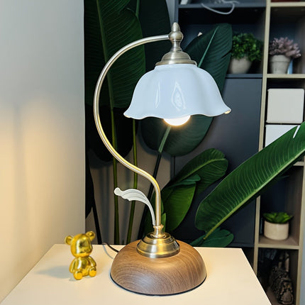 Table Lamp for Bedroom, Vintage Brass Table Lamp with Floral Glass Shade, USB Gooseneck Bedside Lamp for Reading_05