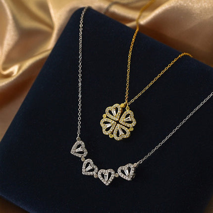 Clover Necklace, Convertible 4 Heart Pendant Worn 2 Ways as a Row of Hearts or a Clover Charm, Gift for Her