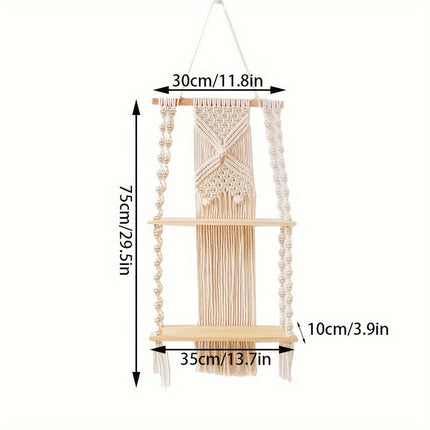 Boho Macrame Wall Shelf with 2-Tier Design | Natural Wood & Cotton Rope for Stylish Space-Saving Storage