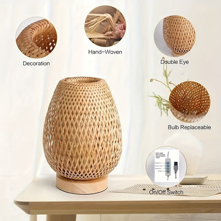 Handwoven Bamboo Bedside Lamp with Three-Color Dimming | USB Powered Lighting for Cozy Ambiance