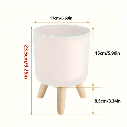 Modern Round Planter with Detachable Wooden Legs | Lightweight Plastic Pot for Indoor & Outdoor Decor