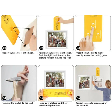 Picture Frame Hanging Tool with Built In Level and Push Button Nail Markers for Straight Wall Displays