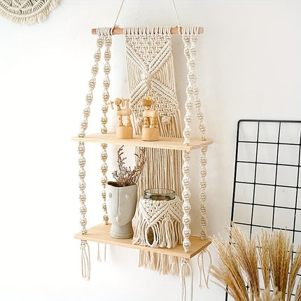 Boho Macrame Wall Shelf with 2-Tier Design | Natural Wood & Cotton Rope for Stylish Space-Saving Storage