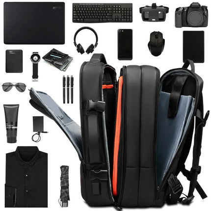 Expandable Travel Backpack with 4.3 Inch Expansion and USB Charging Port, Padded Laptop Bag for Work and Trips