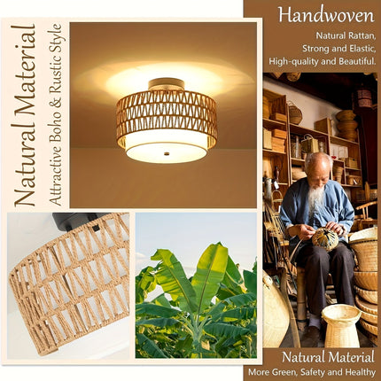 Boho Rattan Ceiling Light with Linen Shade | Semi-Flush Mount for Warm Ambient Glow