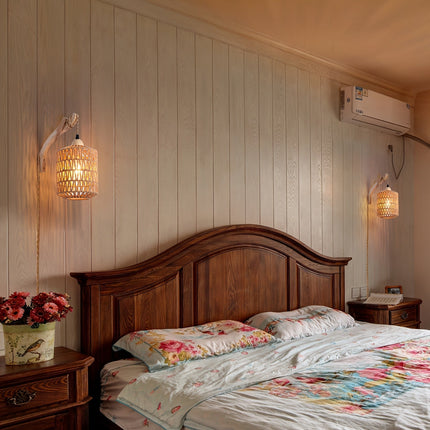 Boho Rattan Wall Lamp with Adjustable Cord | Hand-Woven Lighting for Cozy Spaces