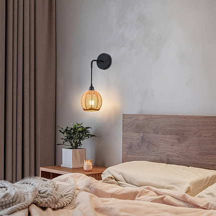 Boho Rattan Wall Lamp with Adjustable Arm | Handwoven Sconce for Soft Ambient Lighting