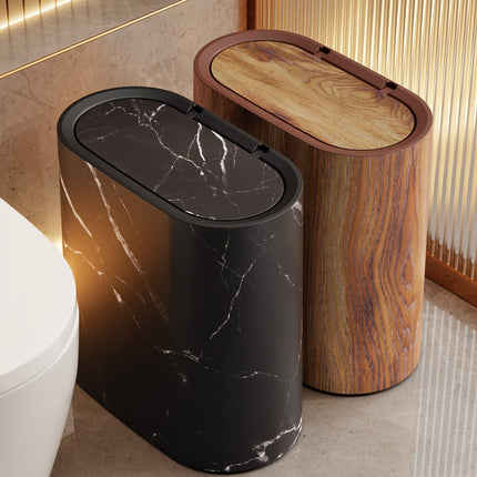 Marble Pattern Trash Can with Fitted Lid | Space-Saving Oval Bin for Bathroom and Kitchen Elegance