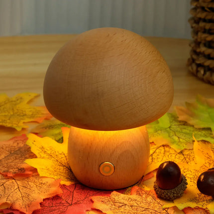Scandinavian Portobello Mushroom Lamp with Adjustable Soft Light | Rechargeable Natural Wood Night Light for Home Serenity