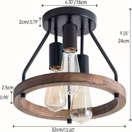 Industrial Wood Ring Ceiling Light with Triple Bulb Design | Rustic Metal Fixture for Warm Illumination in Hallways and Bedrooms
