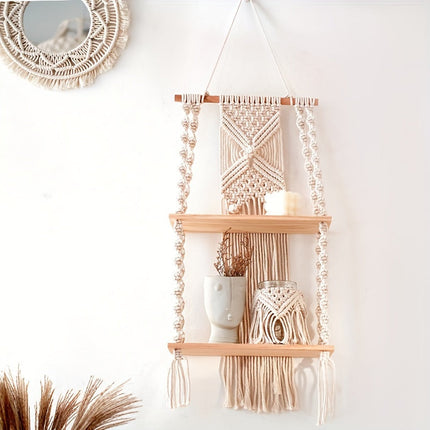 Boho Macrame Wall Shelf with 2-Tier Design | Natural Wood & Cotton Rope for Stylish Space-Saving Storage