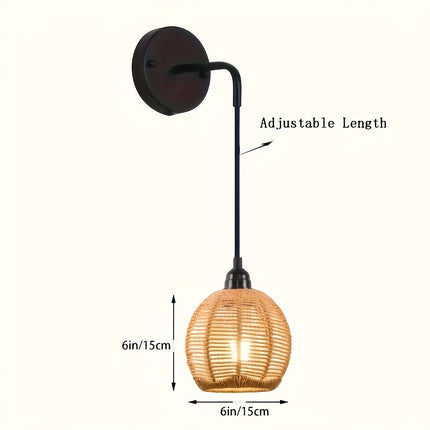 Boho Rattan Wall Lamp with Adjustable Arm | Handwoven Sconce for Soft Ambient Lighting